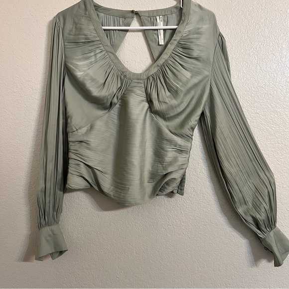 Anthropologie Blouson-Sleeve Blouse mint scoop neck chic open back small crop - Picture 4 of 12